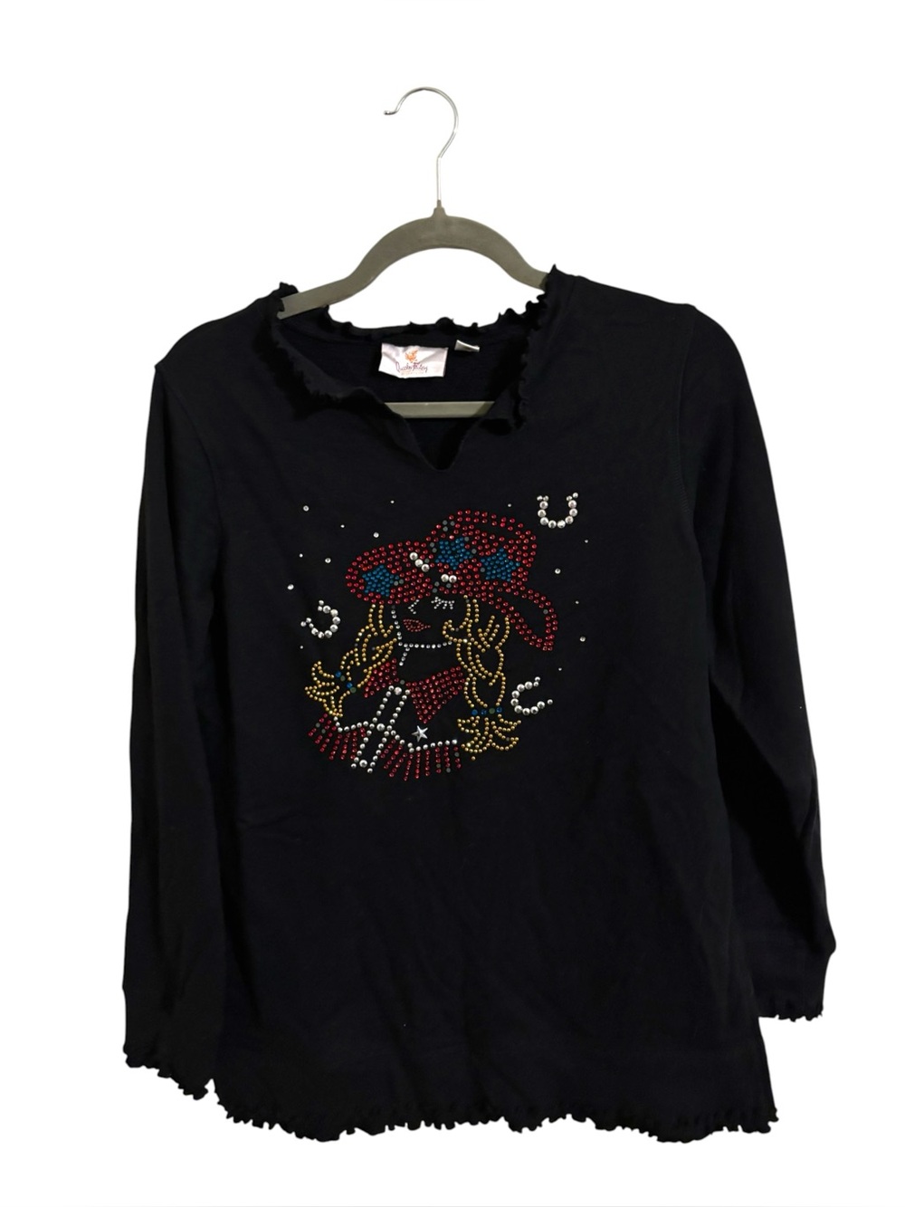 Quacker Factory Rhinestone Cowgirl Black Long Sleeve Shirt XS